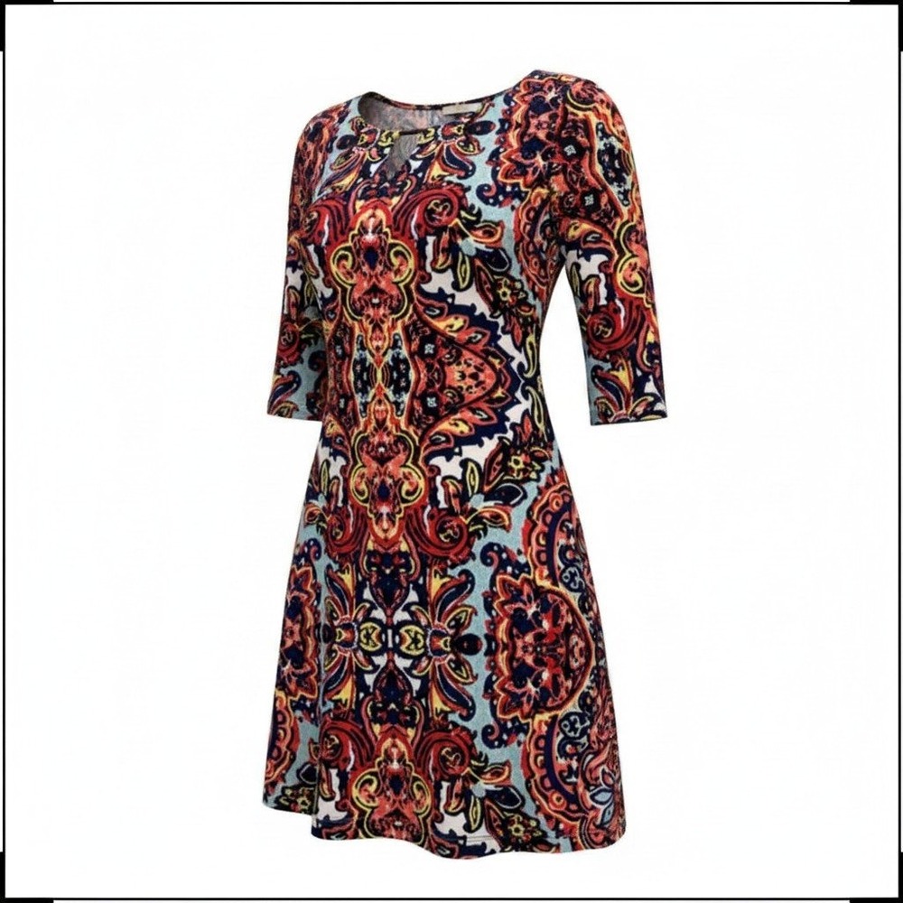 Haani Woman Dress Women 2X Multicolor Paisley Mod Shift 3/4 Sleeve Keyhole Neck